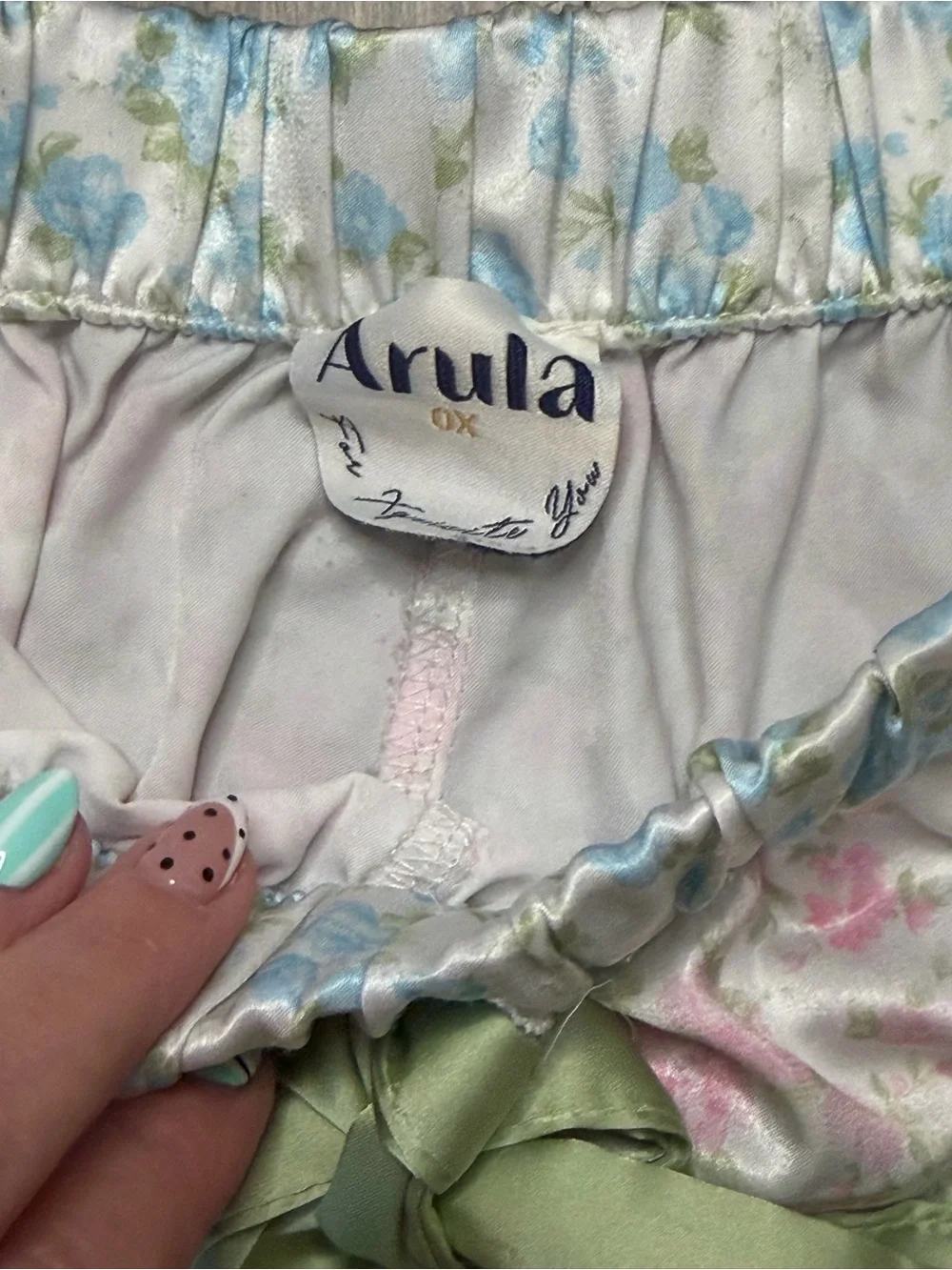 Arula Pink Floral Pajama Set Women’s Lounge Sleepwear Green Ribbon Tie Shorts